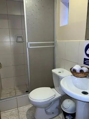 a bathroom with a toilet and a sink and a shower at 100pre feliz in Lima