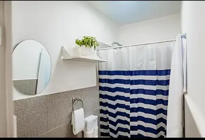 a bathroom with a blue and white shower curtain and a mirror at Tripper Monkey House Miraflores in Lima