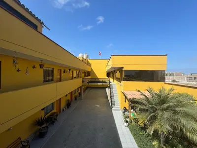 an empty hallway of a yellow building with a palm tree at Hotel Alicia in El Puente