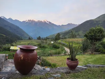 a large vase sitting on a rock with a plant at CASA de SALCANTAY , Choquequirao in Cachora