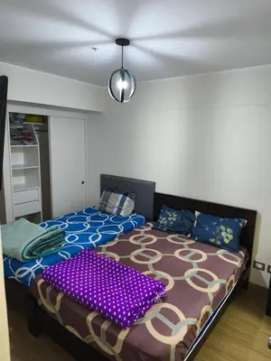a bedroom with a large bed with purple pillows on it at Adriane in Lima