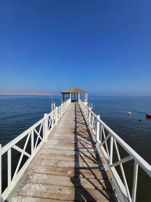 a pier in the middle of the water at Gaviotas de Paracas in Paracas