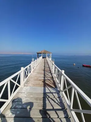 a wooden pier in the middle of the water at Gaviotas de Paracas in Paracas