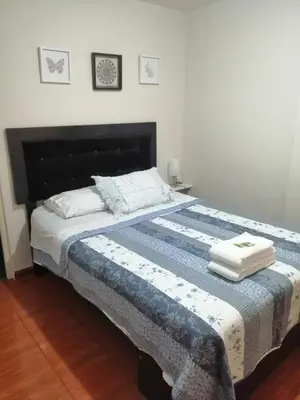 a bedroom with a large bed with two pillows on it at Lopez House Family Aparment in Lima