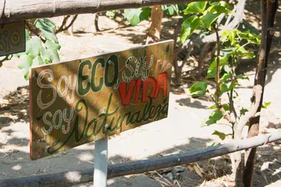 a sign with graffiti on it next to a fence at Soy y Luna- ECOALBERGUE RETABLOS PERU in Lunahuaná