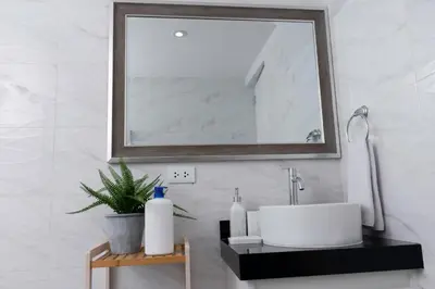 a bathroom sink with a mirror and a potted plant at Private Residences by Vibrant in Lima