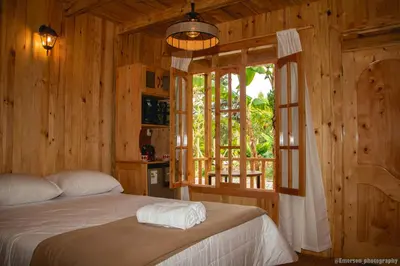 two beds in a wooden room with a window at Palo Alto Lodge in Oxapampa