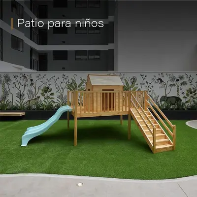 a play area with a slide and a play house at Deluxe Aparment San Isidro in Lima