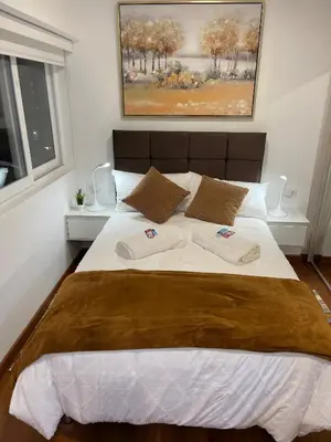 a bedroom with a large bed with two pillows on it at Av arequipa 603B in Lima