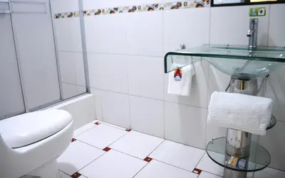 a bathroom with a toilet and a glass sink at Hotel Orlak in Huancayo