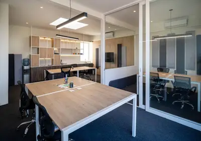 an office with a table and chairs in a room at Aldea 1BR Romance Seascape for 2 in Paracas