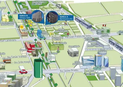 a map of the city of osaka with buildings at Departamento Amoblado en Lince in Lima