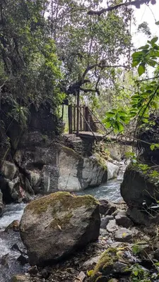 a bridge over a river with rocks and trees at EcoLodge Mayu Camping in Cusco