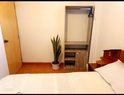 a bedroom with a white bed and a potted plant at Cusco Perú Apartment in Cusco