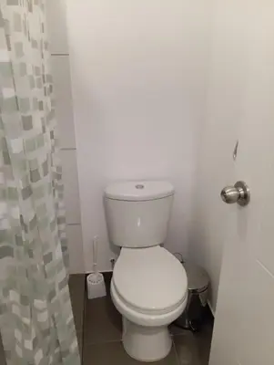 a white toilet in a bathroom with a shower curtain at Alquiler de habitación en un bonito y cálido departamento muy bien ubicado en Barranco in Lima