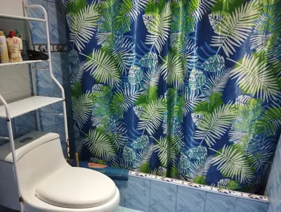 a bathroom with a toilet and a blue shower curtain at Departamento Duplex Aeropuerto y plaza cerca de ti! in Lima