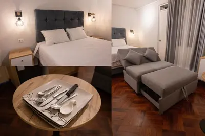 two pictures of a hotel room with a bed and a table at Modern loft in front of the boardwalk and the sea in Lima