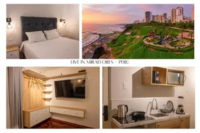 two pictures of a hotel room with a view of the ocean at Modern loft in front of the boardwalk and the sea in Lima