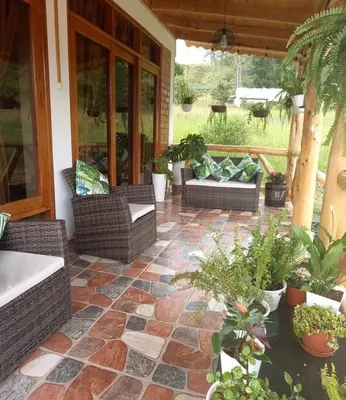 a patio with couches and potted plants on a porch at Posada de la Sirga Oxapampa De 8 a 10 personas in Oxapampa