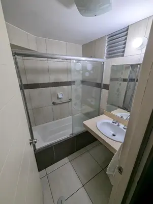 a bathroom with a shower and a sink at Guernica Apartments in Lima