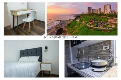 a collage of two pictures of a hotel room at Modern Duplex by the sea Miraflores in Lima