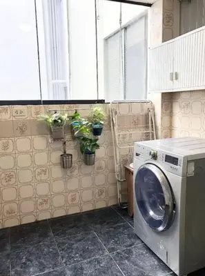 a washing machine in a kitchen with potted plants on the wall at Departamento jacuzzi Miraflores in Lima