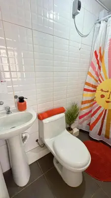 a bathroom with a white toilet and a sink at Loft Huacachina center ica in Ica