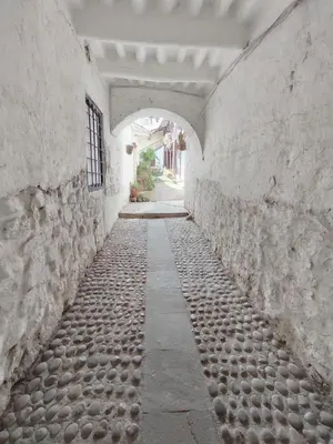 an alley with a stone wall and an archway at Afma Cusco in Cusco