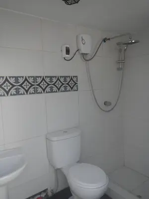 a bathroom with a shower and a toilet and a sink at Blue Shark Apartments in San Bartolo