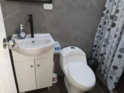 a bathroom with a white toilet and a sink at La Casa de Anni Departamento 3 in Oxapampa