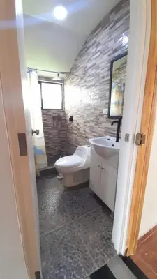 a bathroom with a toilet and a sink and a mirror at La Casa de Anni Departamento 2 in Oxapampa