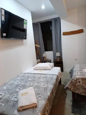 a bedroom with two beds and a flat screen tv at Hospedaje velilu in Ica