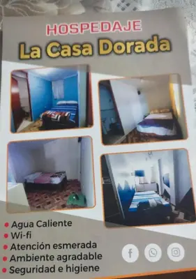 a sign with four pictures of a room at La casa dorada in Huacho
