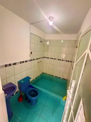 a bathroom with a blue toilet and a bath tub at Casa Límaco in Ayacucho
