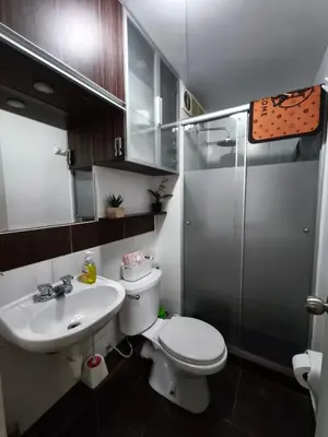 a bathroom with a toilet and a sink and a shower at Departamento en Ate in Lima