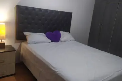 a bedroom with a large bed with a purple pillow at Apartamento 3Hab Seguridad y Cerca del Aeropuerto in Lima