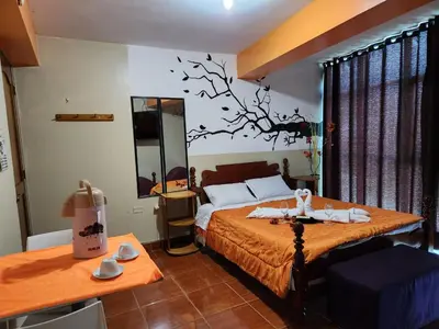 a bedroom with a bed and a table with a mirror at Yanachaga Hotel - Oxapampa in Oxapampa
