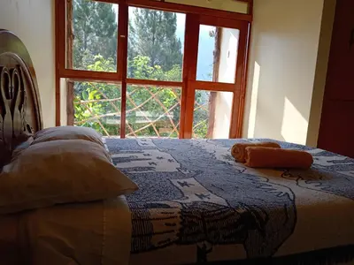 a bedroom with a bed with a large window at INCA COFFEE Lodge Lucmabamba in Sahuayacu