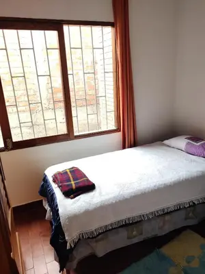 a bedroom with a bed and two windows at bungalows in Santa Rosa