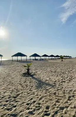 a group of umbrellas on a sandy beach at Bungalows frente al mar en playa Wakama in San Vicente de Cañete
