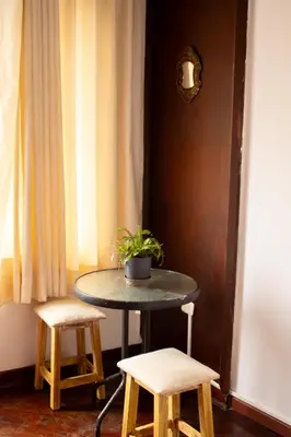a table with two stools and a potted plant on it at Temazcal Hostel in Lima