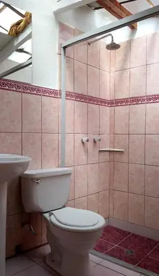 a bathroom with a toilet and a sink at Frente al Qorikancha - 2 cuadras Plaza Central in Cusco