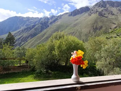a vase of flowers sitting on a window sill with mountains at Samana House Ollantaytambo in Ollantaytambo