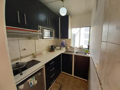 a small kitchen with black cabinets and a sink at Loft Minimalista de Lince in Lima