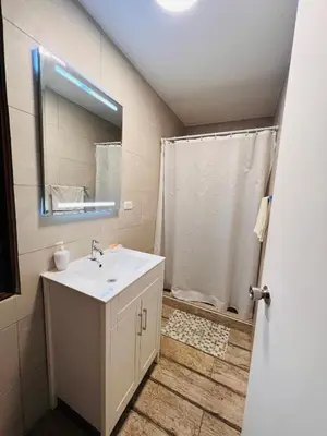 a bathroom with a white sink and a shower at MONTERRICO POLO APARTS #8 - Dpto de 2 camas Frente Embajada de USA con AC in Lima