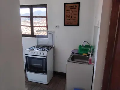 a small kitchen with a stove and a sink at Apartment in the historic center of Cusco in Cusco
