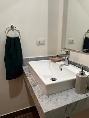 a bathroom with a white sink and a mirror at Calm and beautiful apartment in San Isidro in Lima