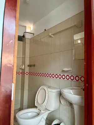 a bathroom with a toilet and a sink at Hostal Wassiki in Huánuco