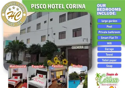 a brochure for a hotel corina with a building at Pisco Hospedaje Corina in Pisco