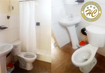 two pictures of a bathroom with a toilet and a sink at Pisco Hospedaje Corina in Pisco